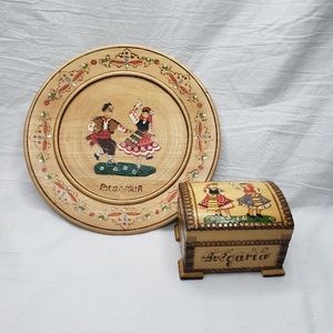 Bulgaria Folk Art Small Wooden Painted Box and Plate